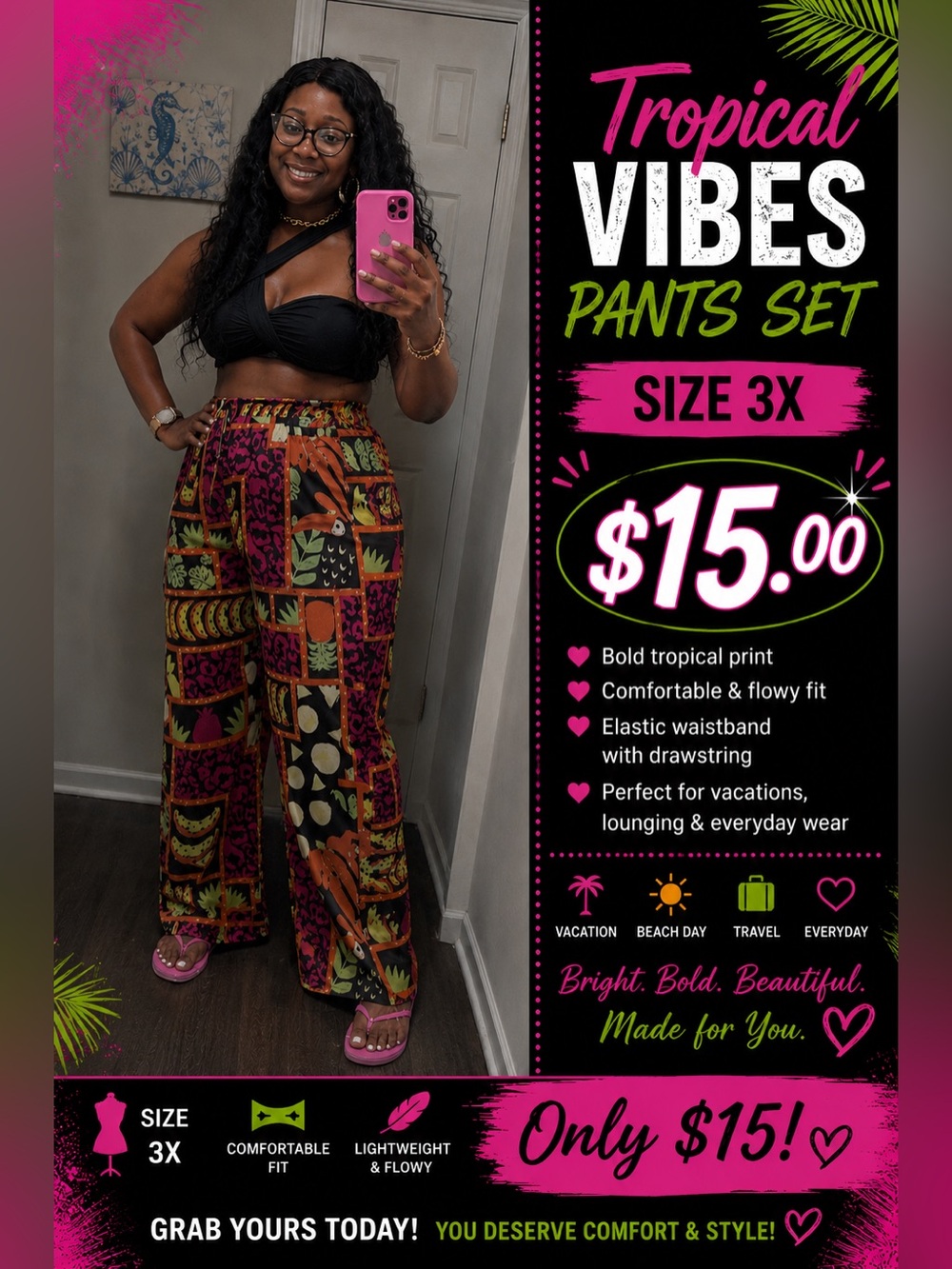 SHEIN Black Multi Tropical Print Wide-Leg Pants